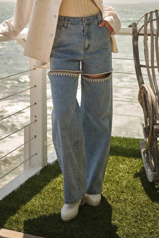 Rhinestone slit denim