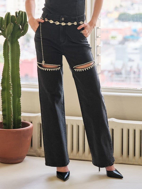 Rhinestone slit denim