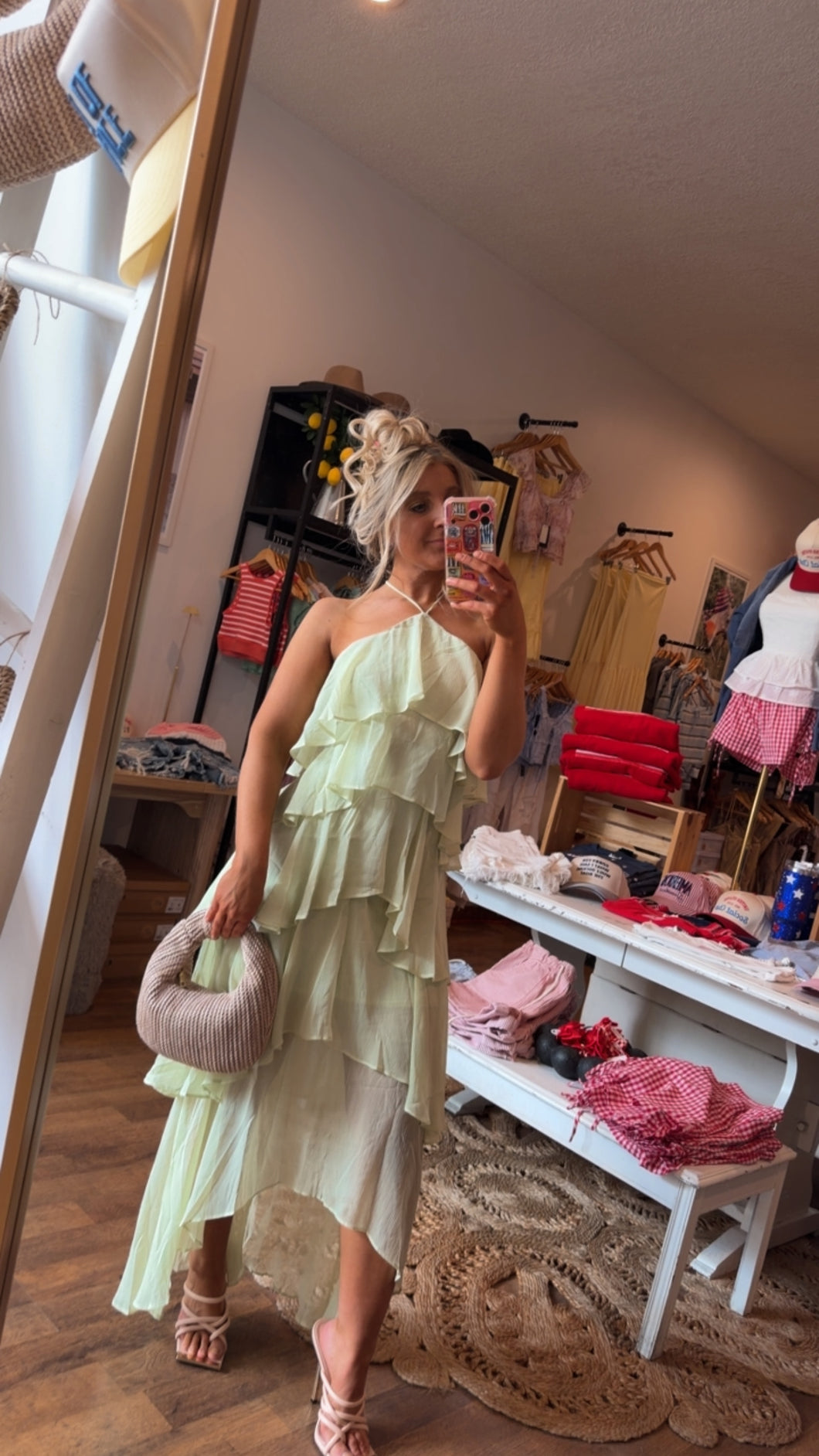 green ruffle halter dress Pistachio Sherri hill
