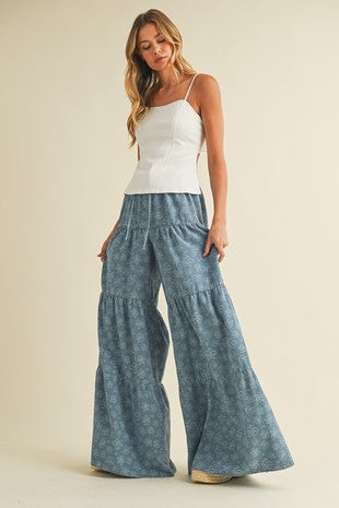 Floral print wide leg denim pants