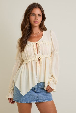 Chiffon blouse front ribbon bow tie top