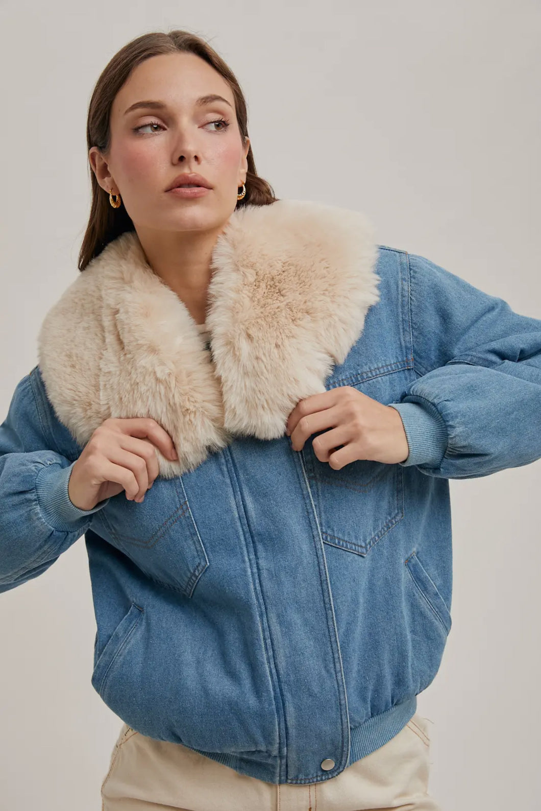 Faux fur detachable denim jacket