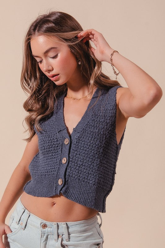 Textured knitted button down vest