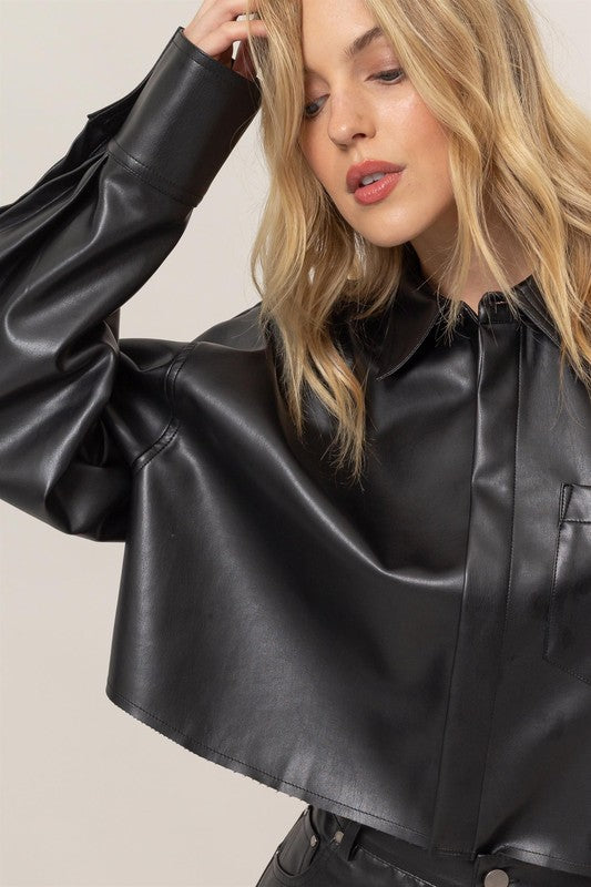 Faux leather cropped button down