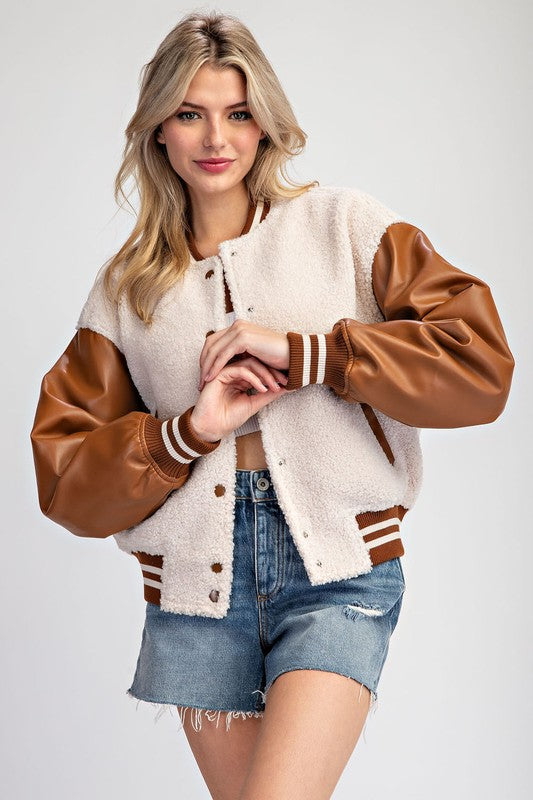 Faux leather Sherpa varsity bomber jacket