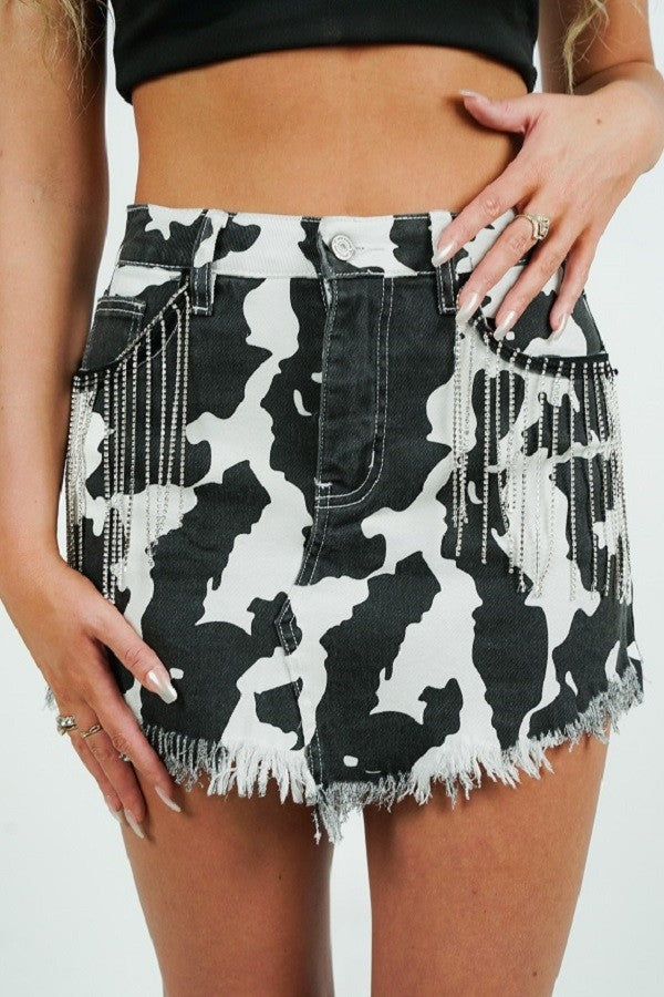 Cow print rhinestone skirt