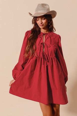 Front tie detail bubble sleeve dress