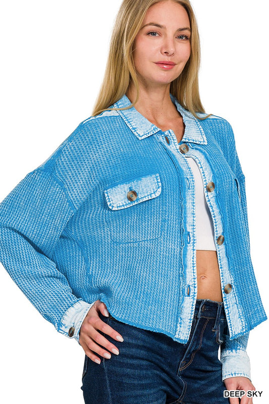 Blue waffle cropped button down