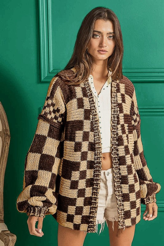 Mocha checkered sweater cardigan