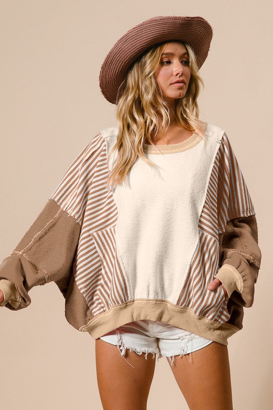 Taupe striped batwing sweatshirt