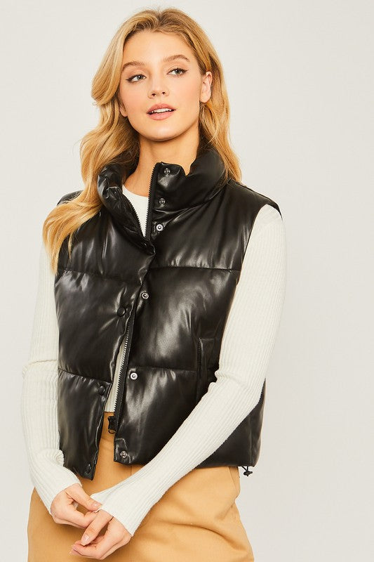 Faux leather puffer button vest