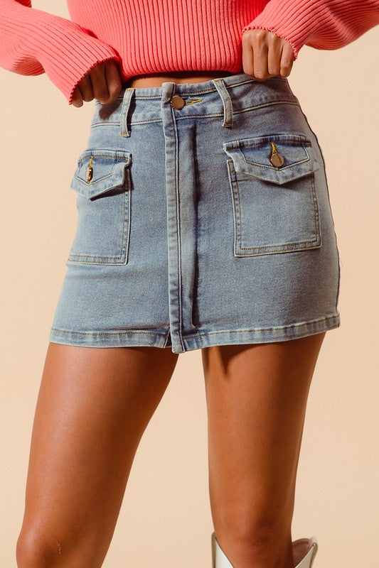 Washed denim front pocket skirt
