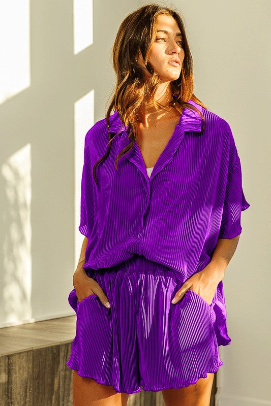 Pleated blouse short set