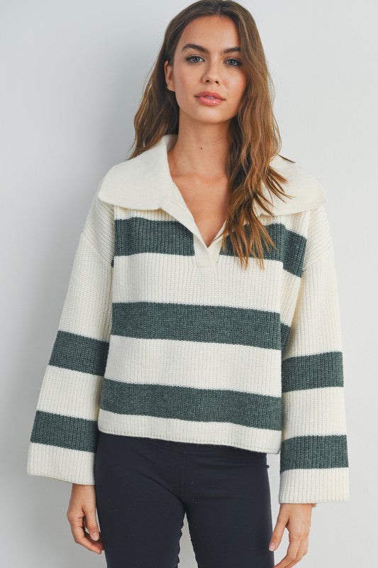 Stripe drop shoulder collar sweater