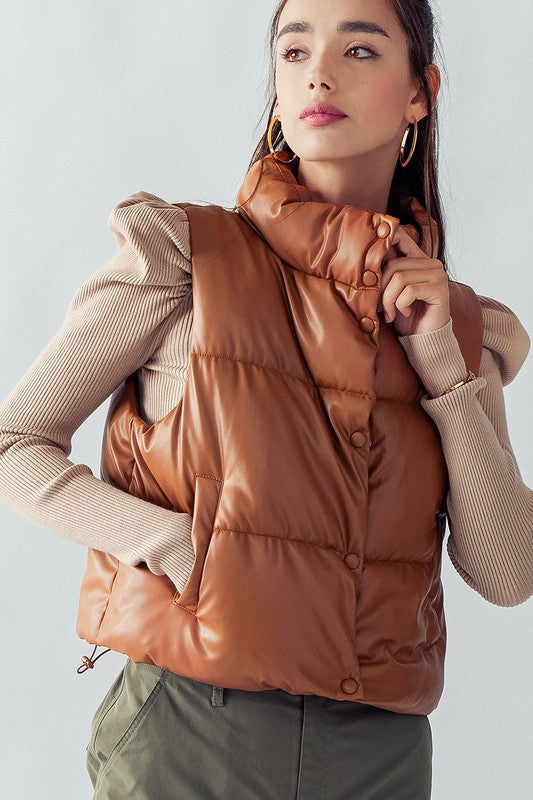 Faux leather puffer button vest