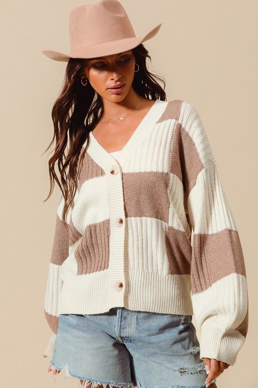 Checkered button front sweater cardigan