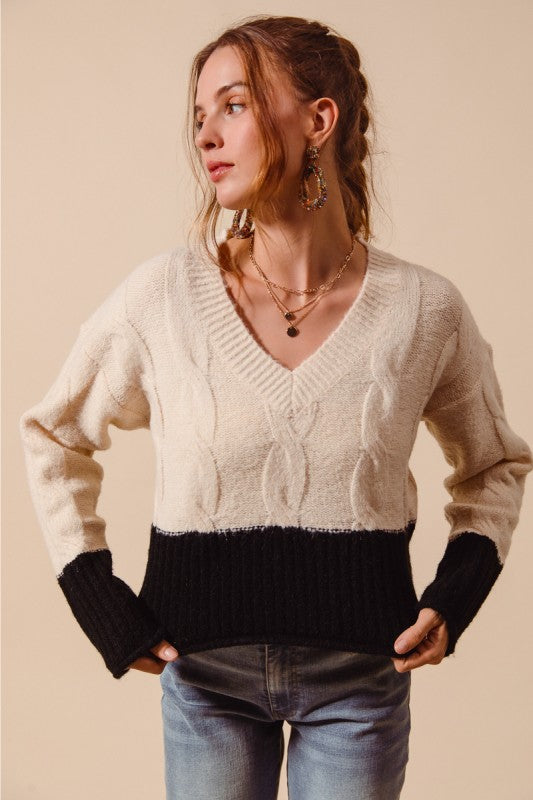 Cable knit v neck sweater