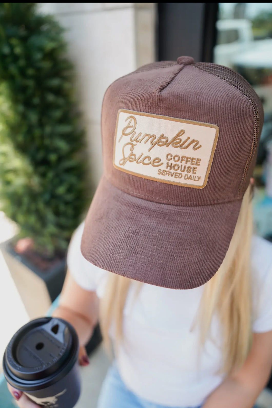 Corduroy pumpkin spice trucker hat