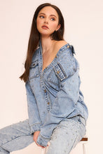 Load image into Gallery viewer, Denim and pearl rhinestone shirt jacket
