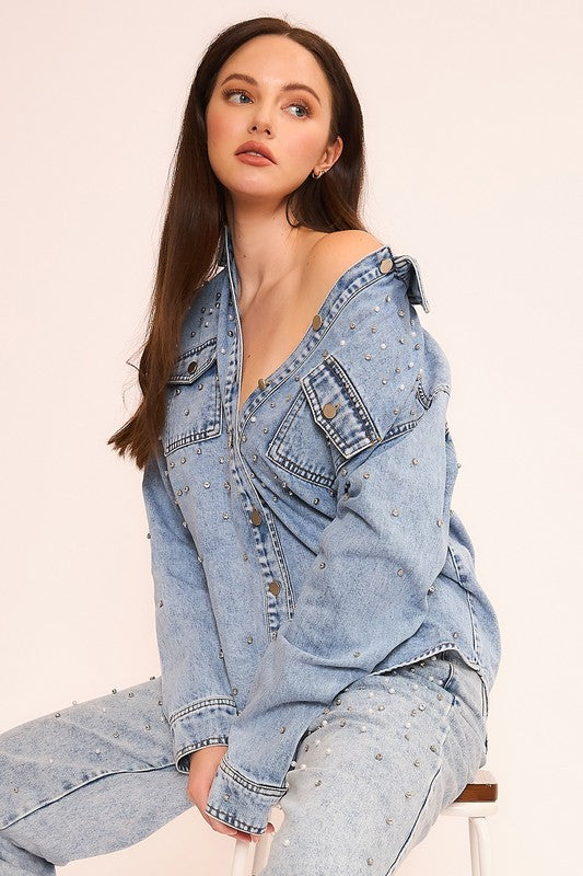 Denim and pearl rhinestone shirt jacket