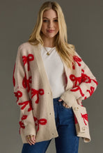 Load image into Gallery viewer, Tan and red bow cardigan
