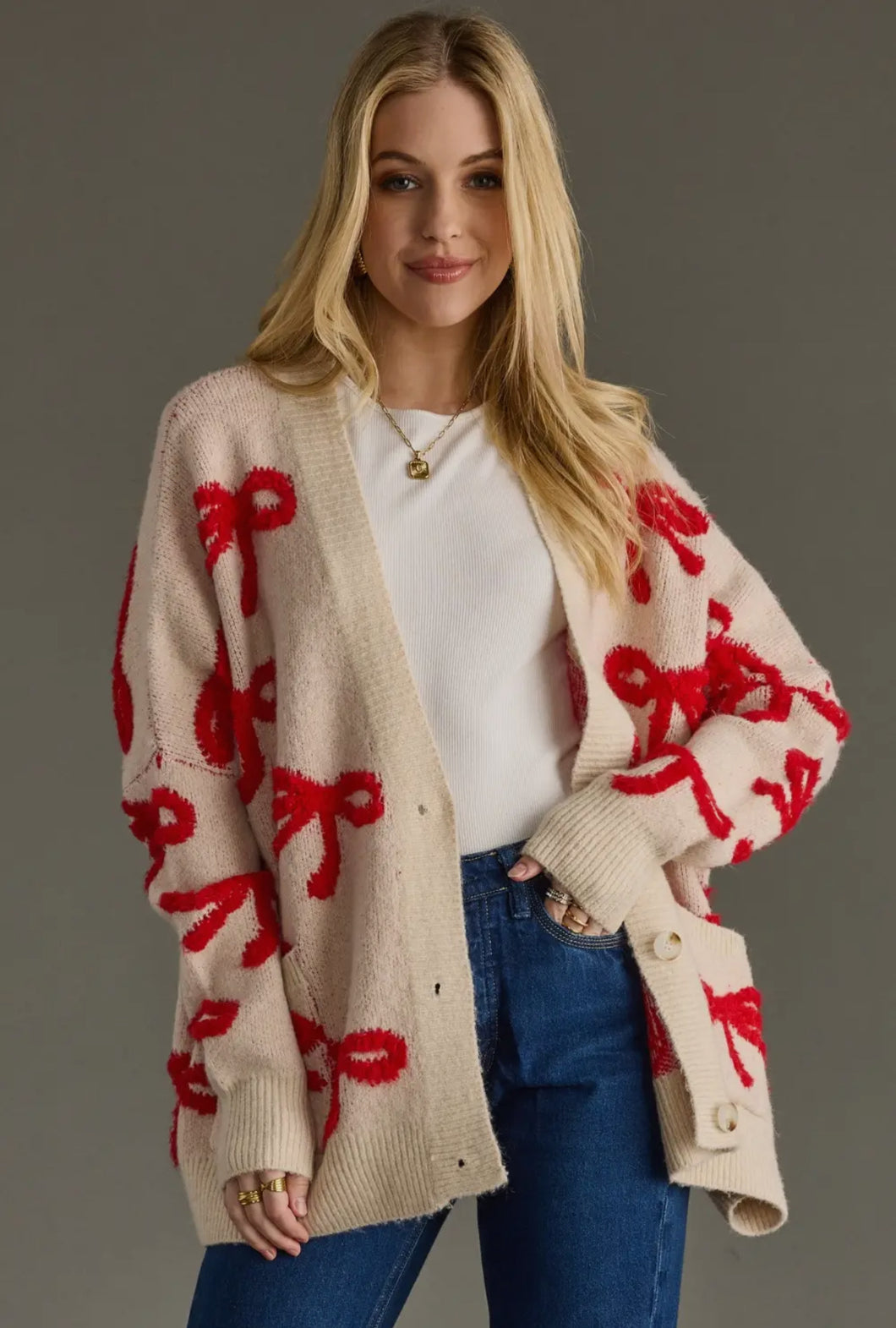 Tan and red bow cardigan