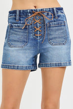 Load image into Gallery viewer, High rise tie front denim shorts
