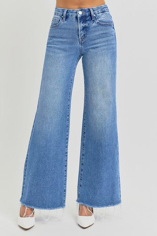 Mid rise tummy control wide leg denim
