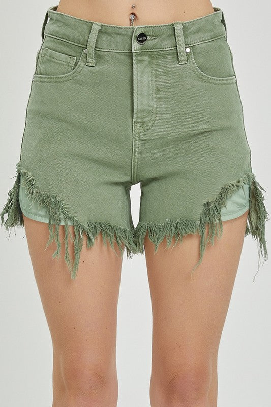 High rise side step hem shorts