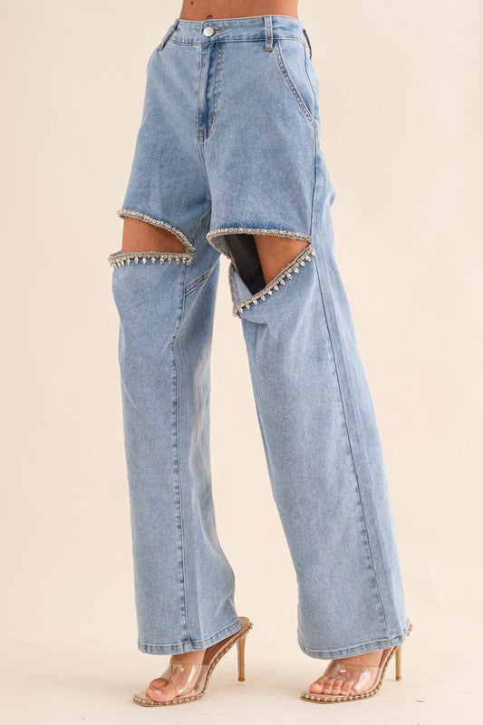 Rhinestone slit denim