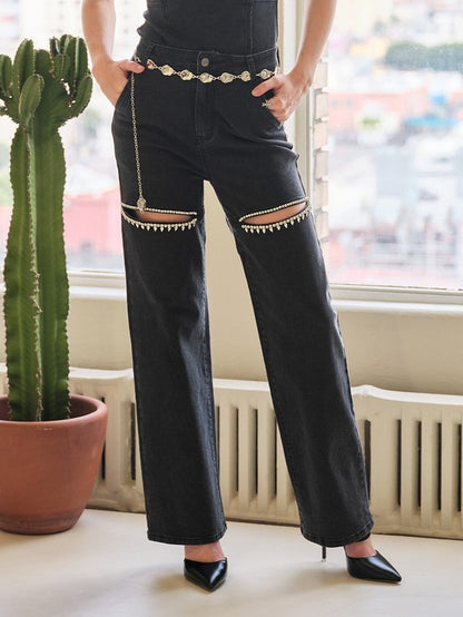 Rhinestone slit denim
