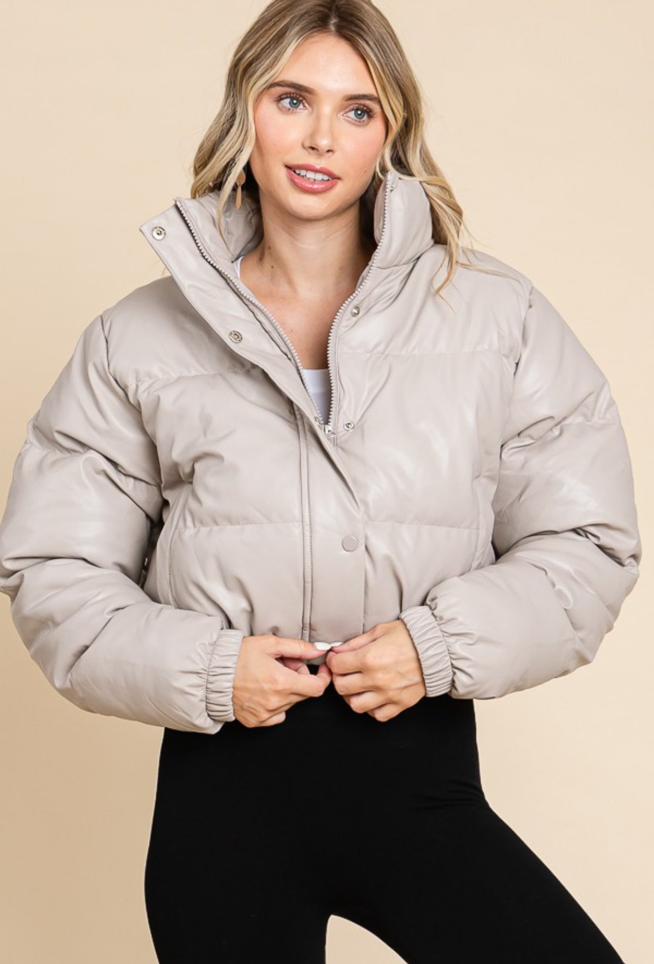 Faux leather taupe puffer