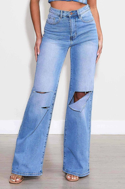 Distressed wide leg denim