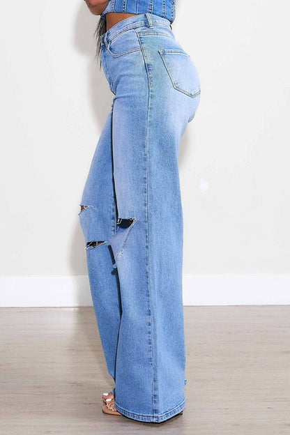 Distressed wide leg denim