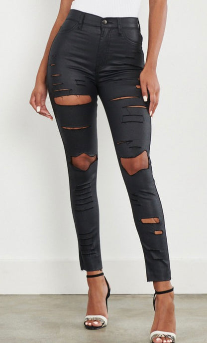 Ripped black faux leather jeans