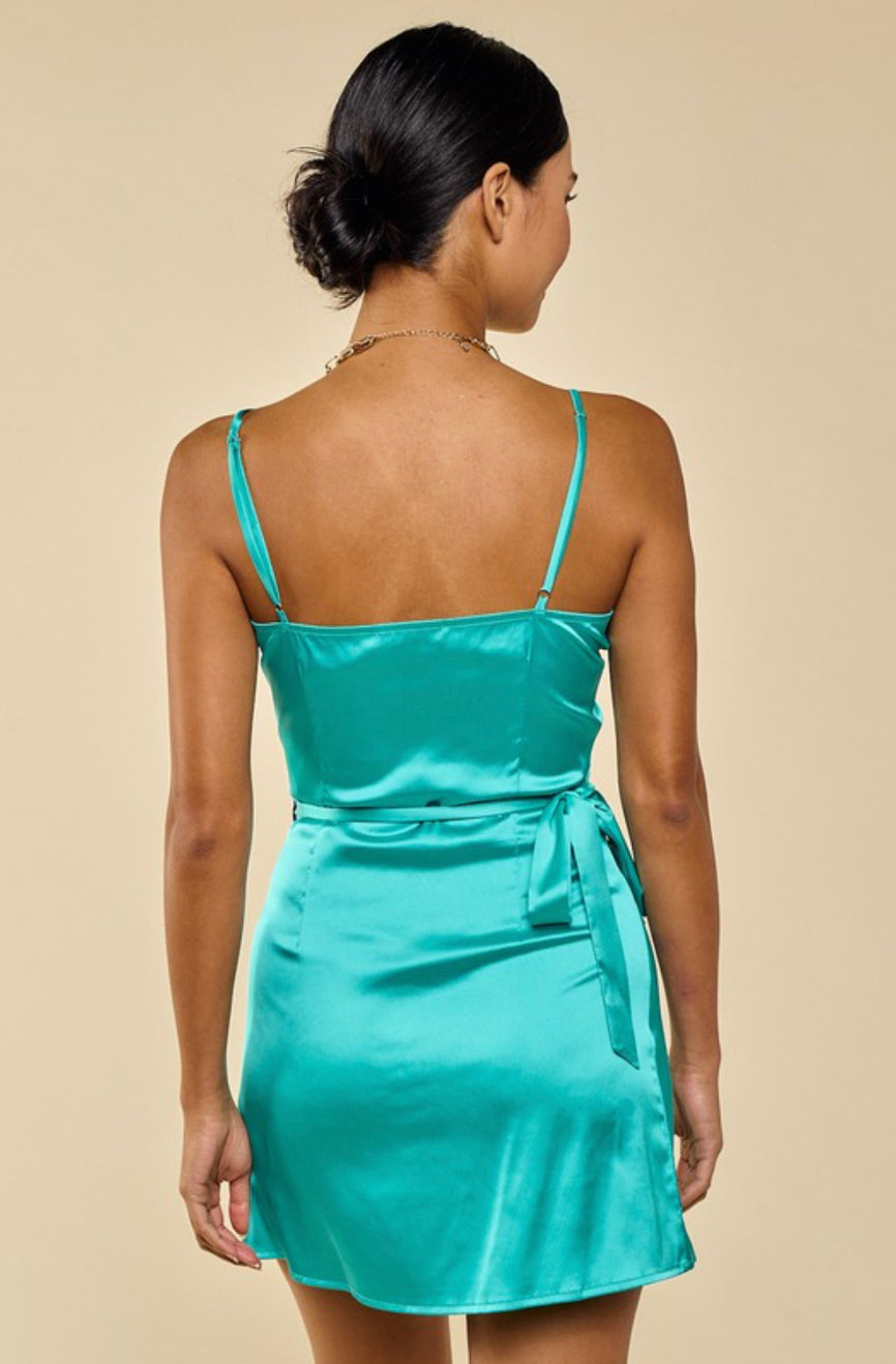 Satin “Waves” tie front dress