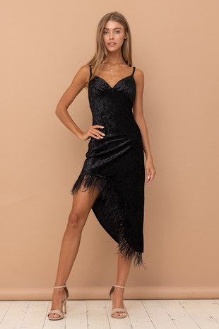 Velvet side slit feather dress